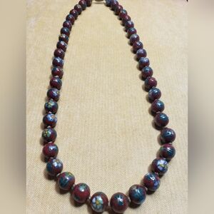 Vintage Chinese Brown, Green, and Blue Cloisonne Hand Knotted Necklace